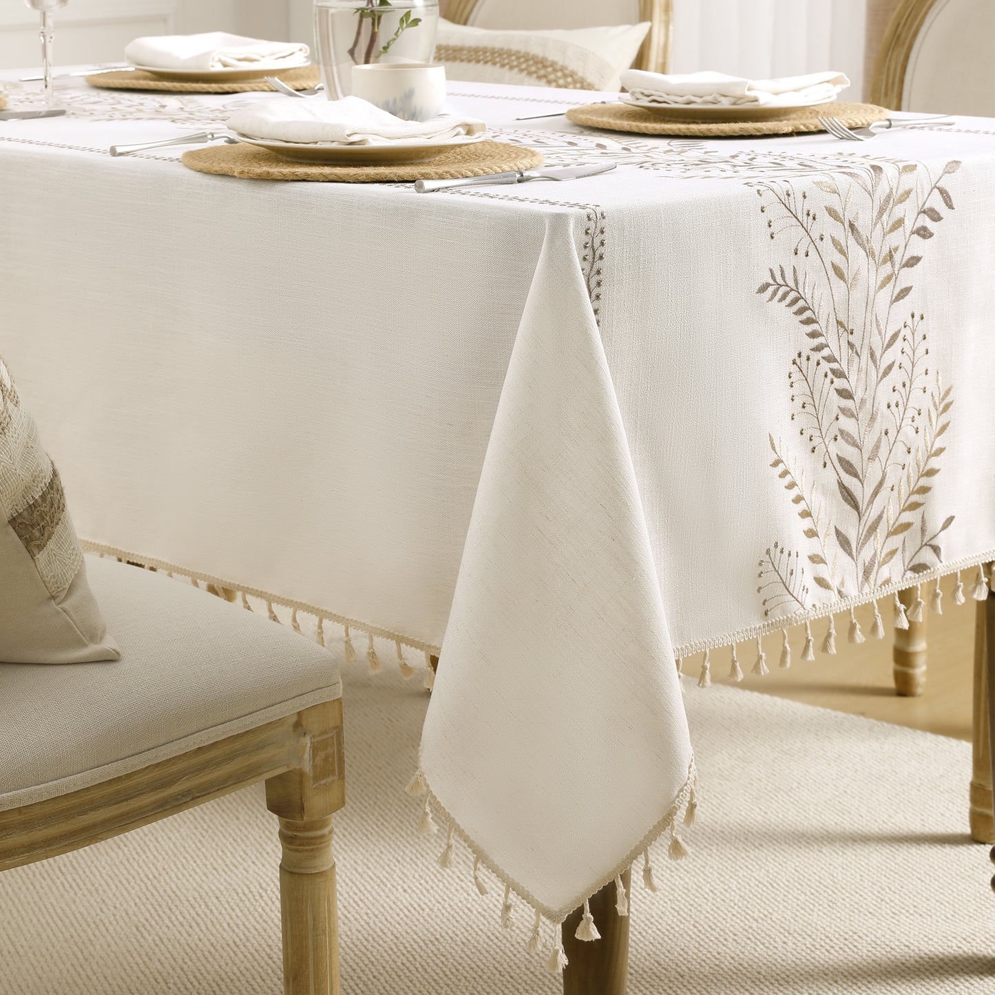 Polyester Gray Wheat Ear Embroidery Tablecloth with Tassels