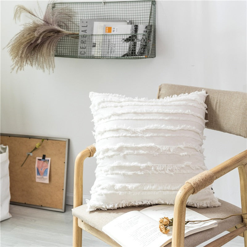 Polyester and Cotton Plaid Fringe Tufted Throw Pillowcases - White Cutout
