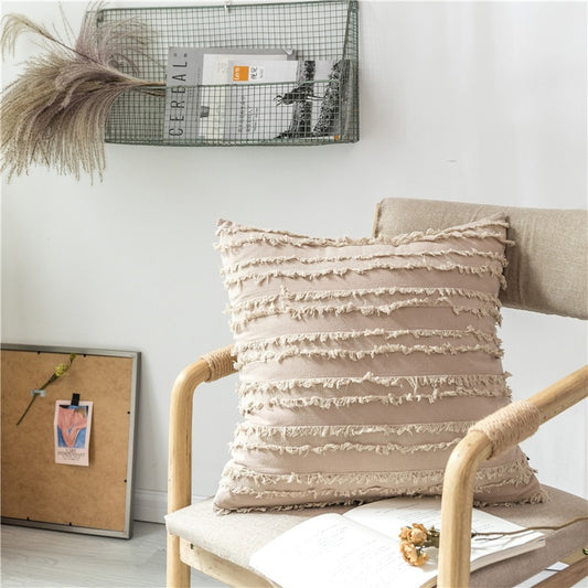 Polyester and Cotton Plaid Fringe Tufted Throw Pillowcases - Beige Cutout