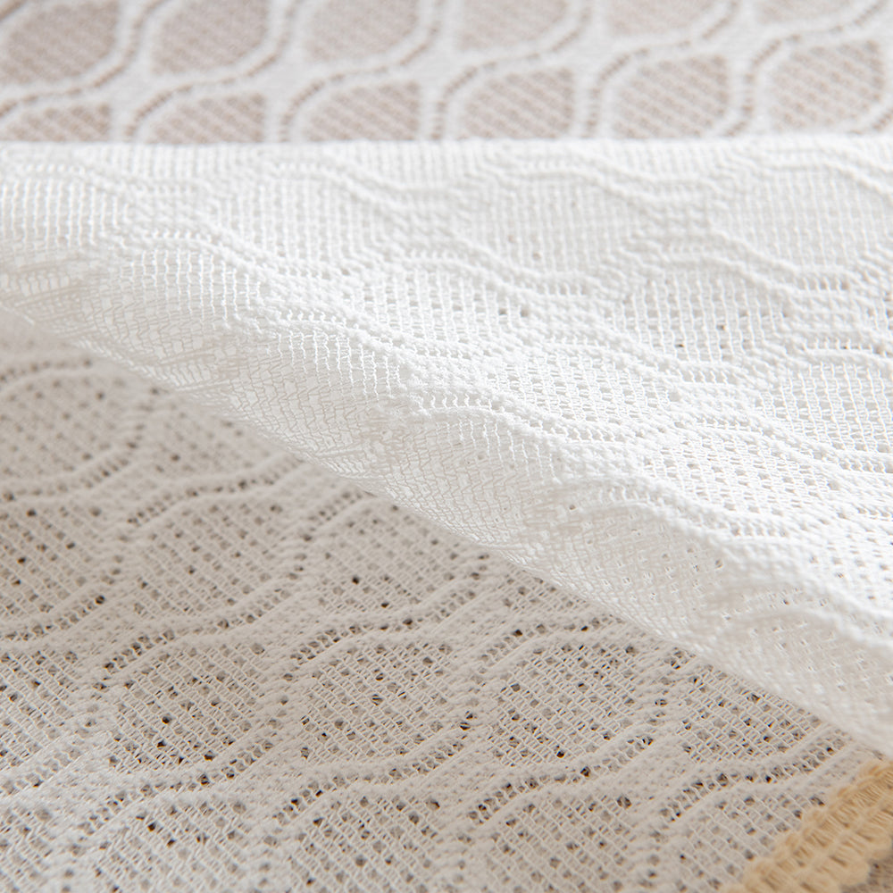 Polyester French-Elegance Lattice Tablecloth with Wheat Tassels in White