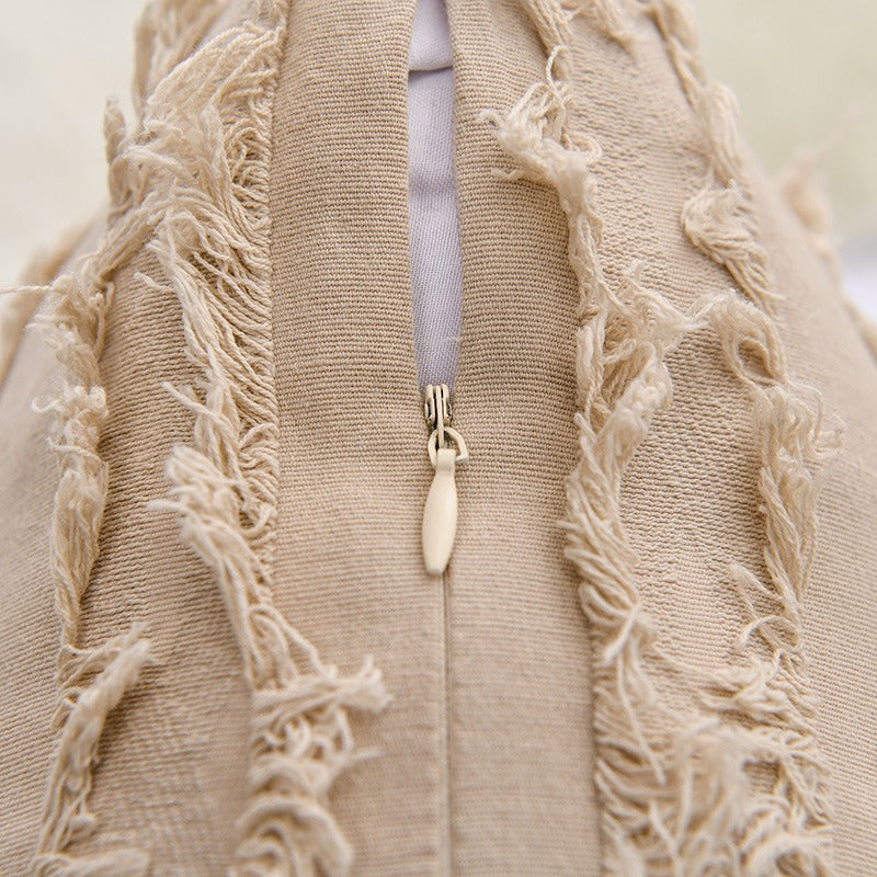 Polyester and Cotton Plaid Fringe Tufted Throw Pillowcases - Beige Cutout