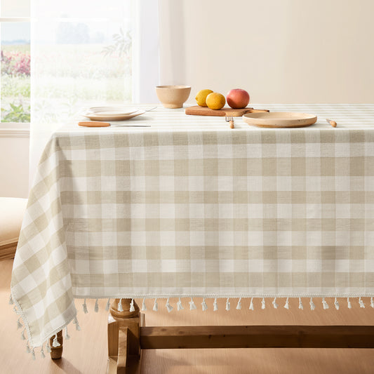 Wrinkle-Resistant Cotton Blend Classic Gingham Tablecloth with Tassels in Beige