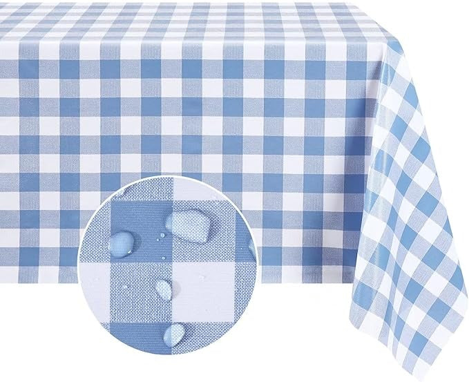 PVC Waterproof and Oil Resistant Plaid Tablecloth in Light Blue