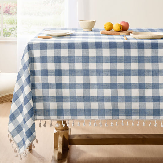 Wrinkle-Resistant Cotton Blend Classic Gingham Tablecloth with Tassels in Blue