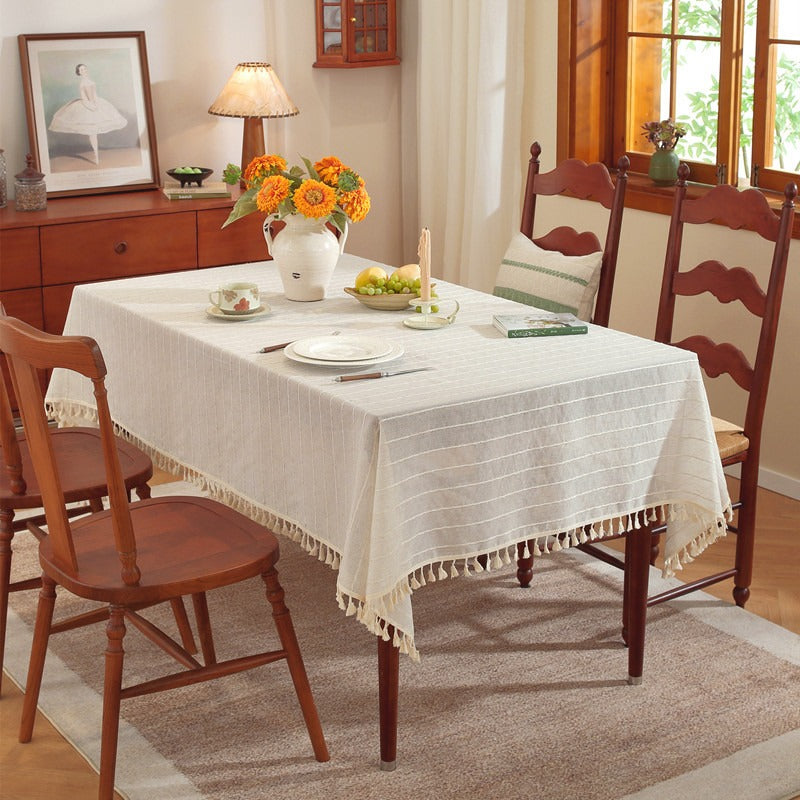 Polyester linen blend horizontal stripe tassel tablecloth