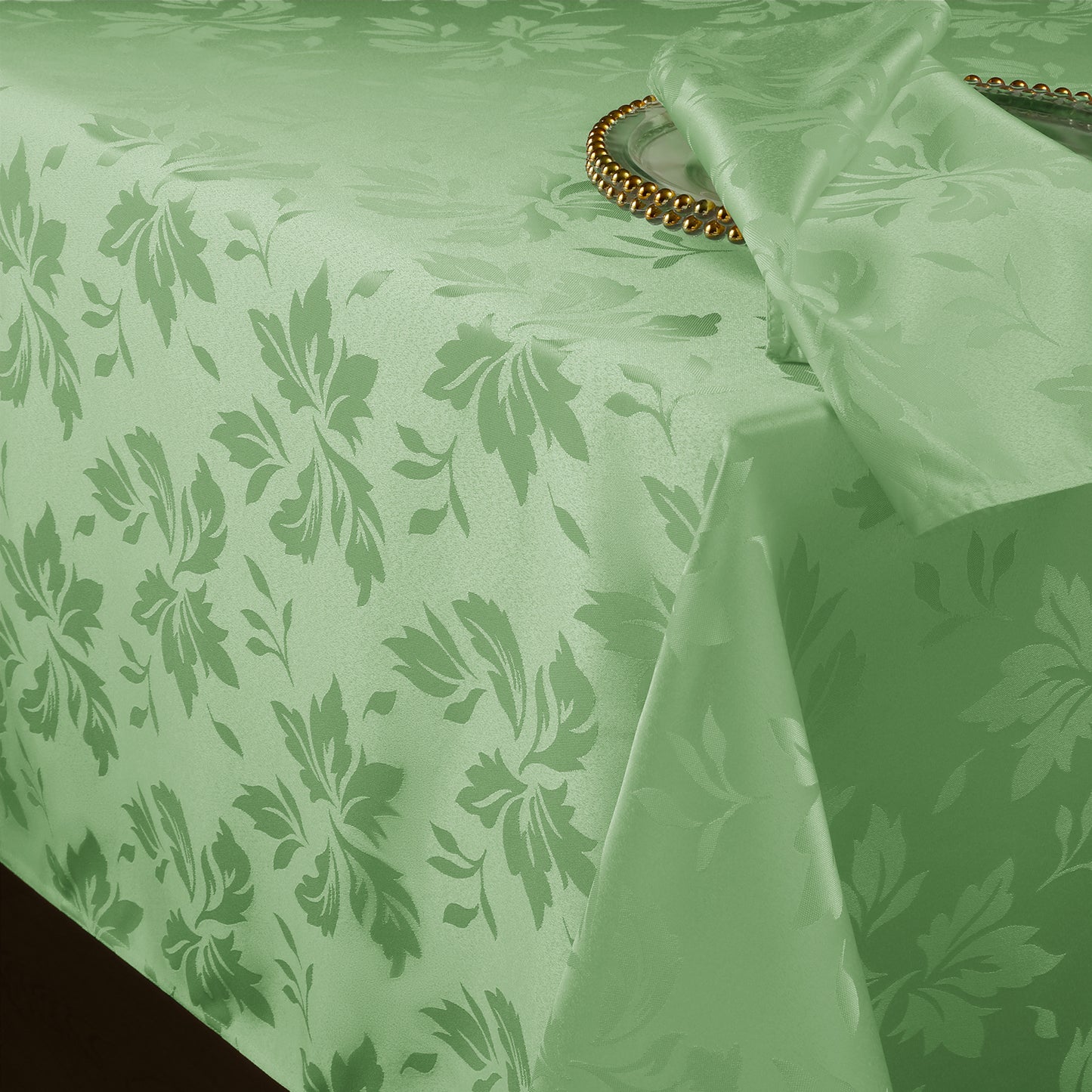Polyester Jacquard Waterproof Damask Floral Pattern Tablecloth in SageGreen