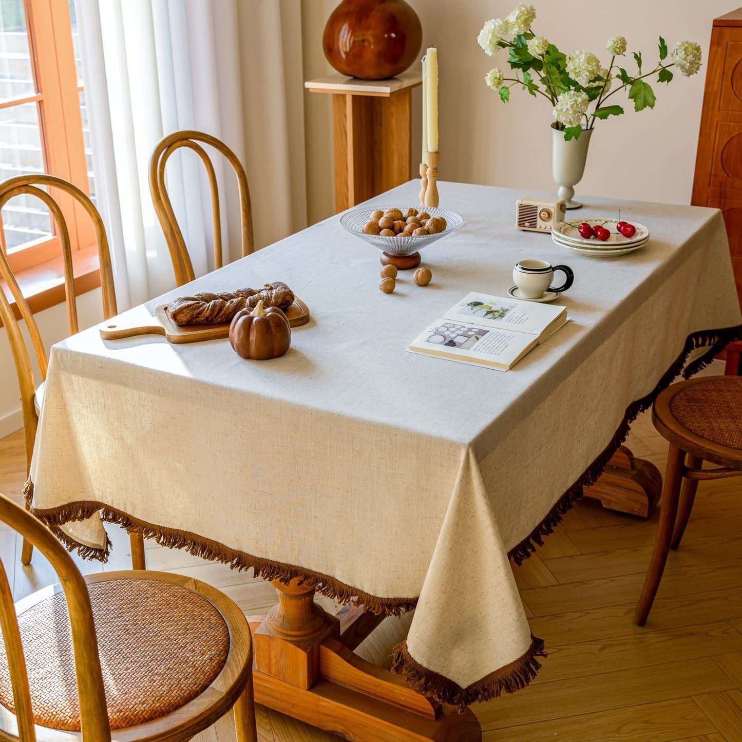 White Polyester Linen Tablecloth with Brown Fringe
