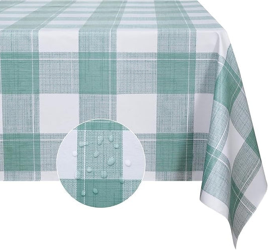 PVC Waterproof and Oil Resistant LargePlaid Tablecloth in Sage Green and White