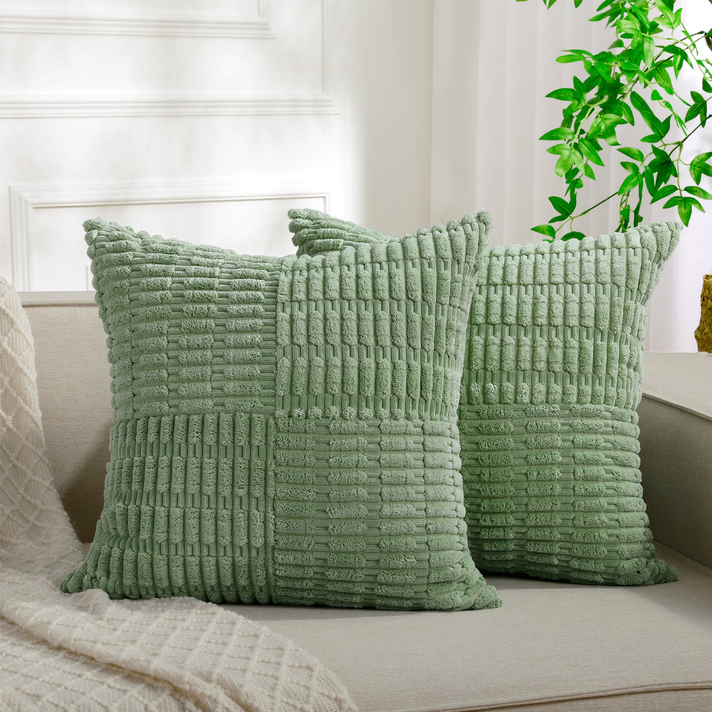Soft Corduroy Puffy Irregularly Stripe Pattern Pillowcases in Green