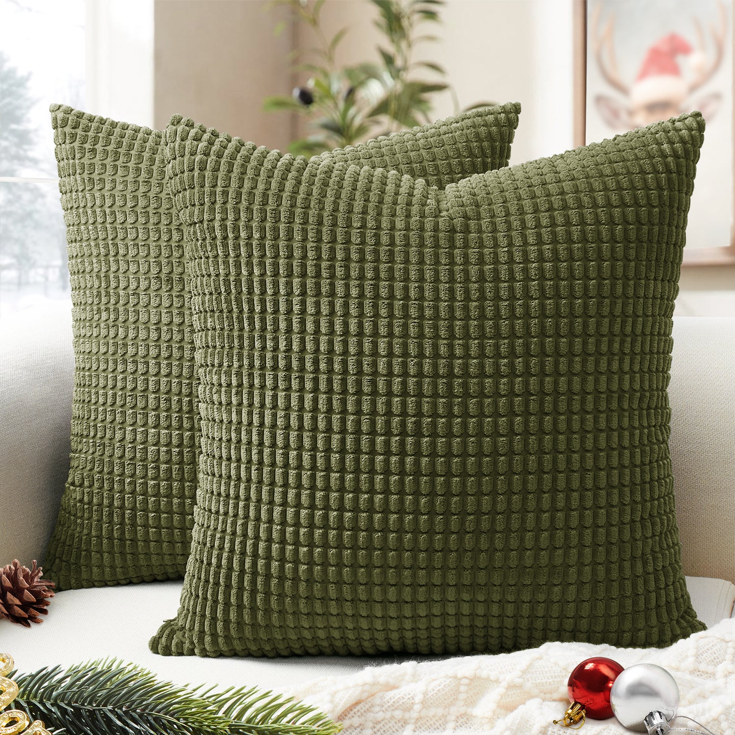 Soft Corduroy Corn-Kernel Pattern Pillowcases in Olive-green