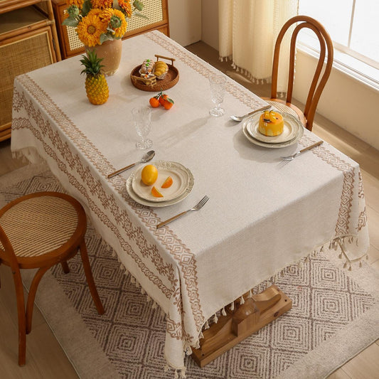 Polyester linen geometric side embroidered tablecloth