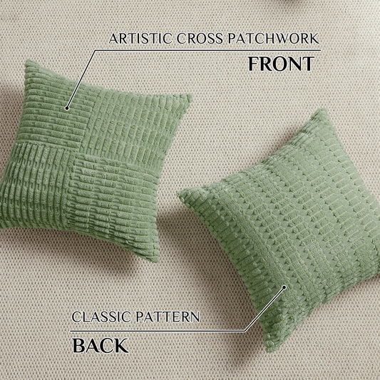 Soft Corduroy Puffy Irregularly Stripe Pattern Pillowcases in Green