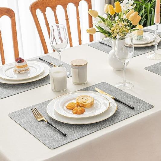 Polyurethane Linen-textured 100% Waterproof Oil-Proof Wipeable Heat Resistant Placemats Set in Light Grey