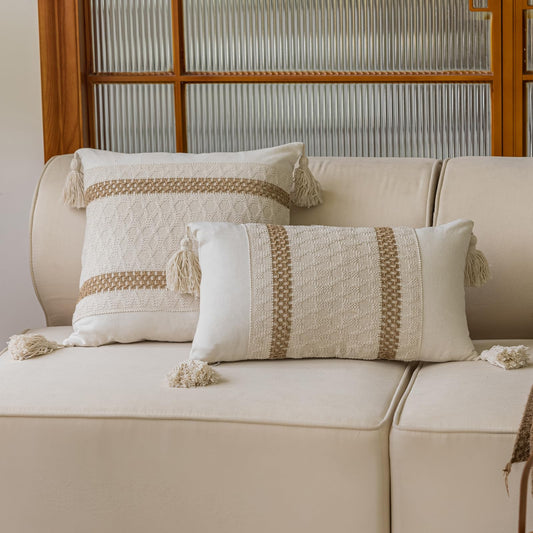 Bohemian neutral double slender-striped pillowcases with tassels