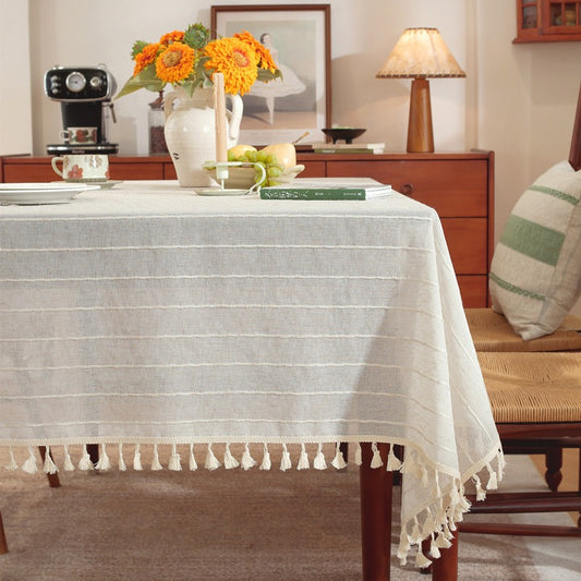 Polyester linen blend horizontal stripe tassel tablecloth