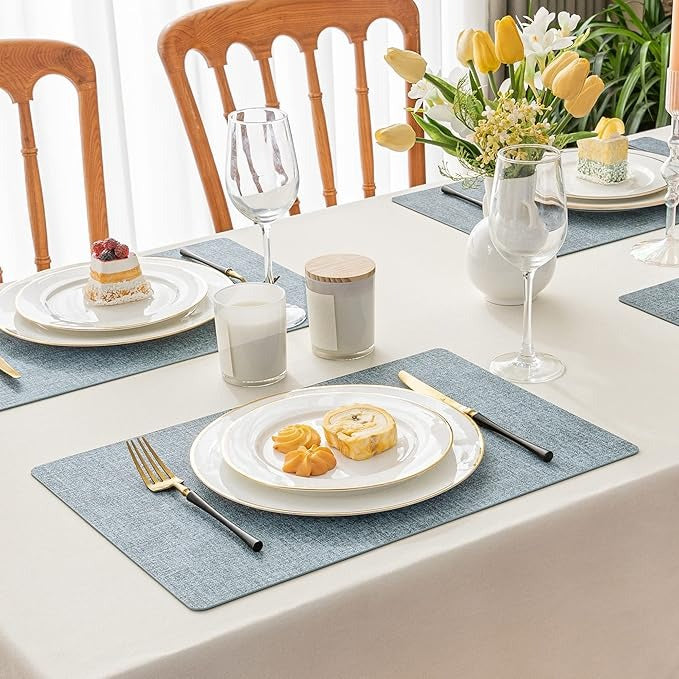Polyurethane Linen-textured 100% Waterproof Oil-Proof Wipeable Heat Resistant Placemats Set in Sky Blue
