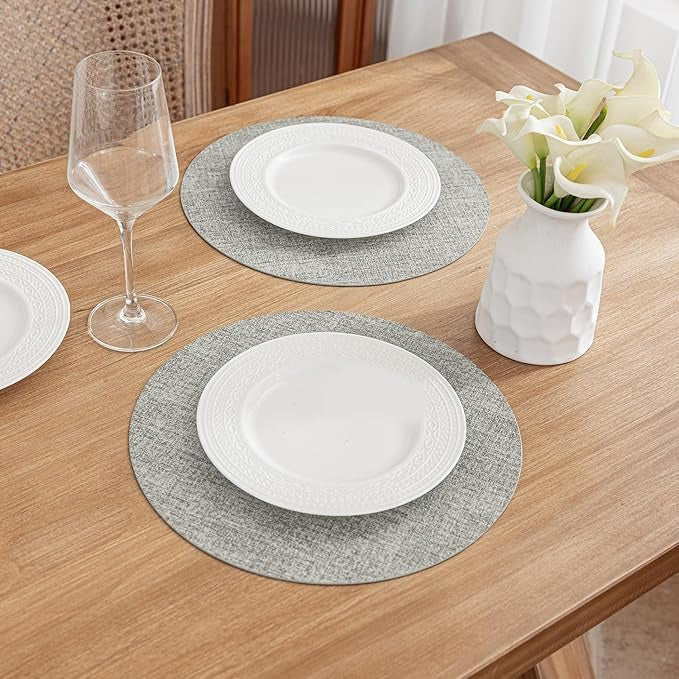 Polyurethane Linen-textured 100% Waterproof Oil-Proof Wipeable Heat Resistant Round Placemats Set in Light Grey