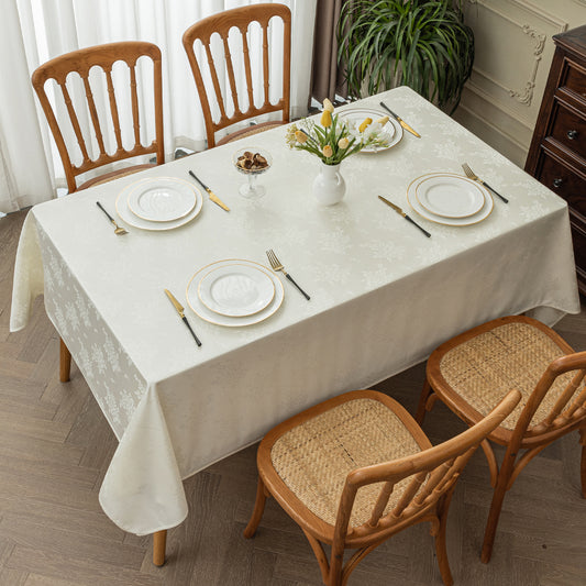 Polyester Jacquard Waterproof Elegant Damask Rose Floral Pattern Tablecloth in Ivory