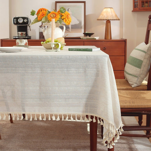 Polyester linen blend multi-strand tassel tablecloth