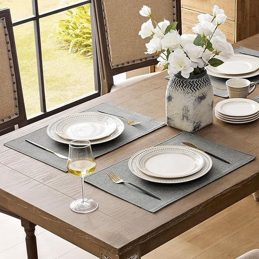 Polyester Burlap Waterproof Oil Resistant Wipeable Heat Resistant Placemats Set in Light Grey
