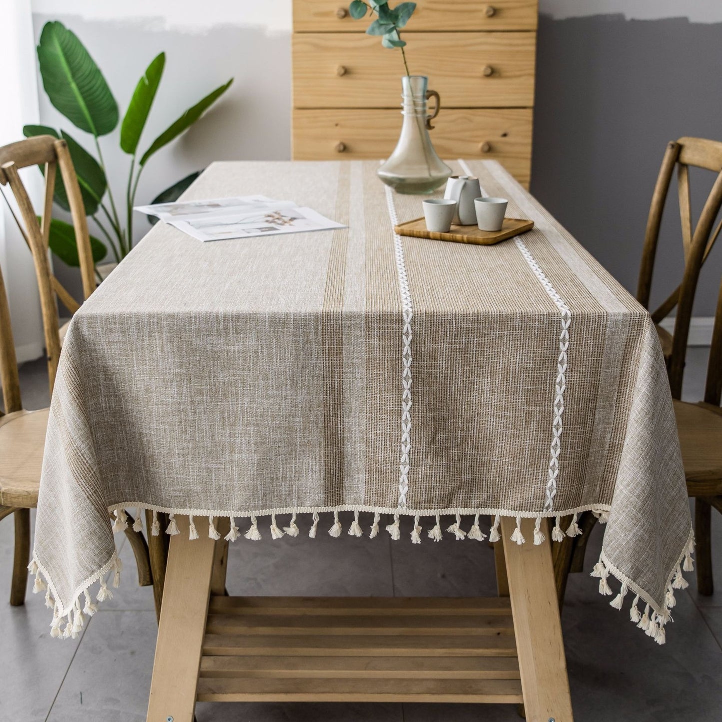 Cotton-Linen Blend Asymmetric Double Embroidery Striped Tablecloth in Coffee Brown