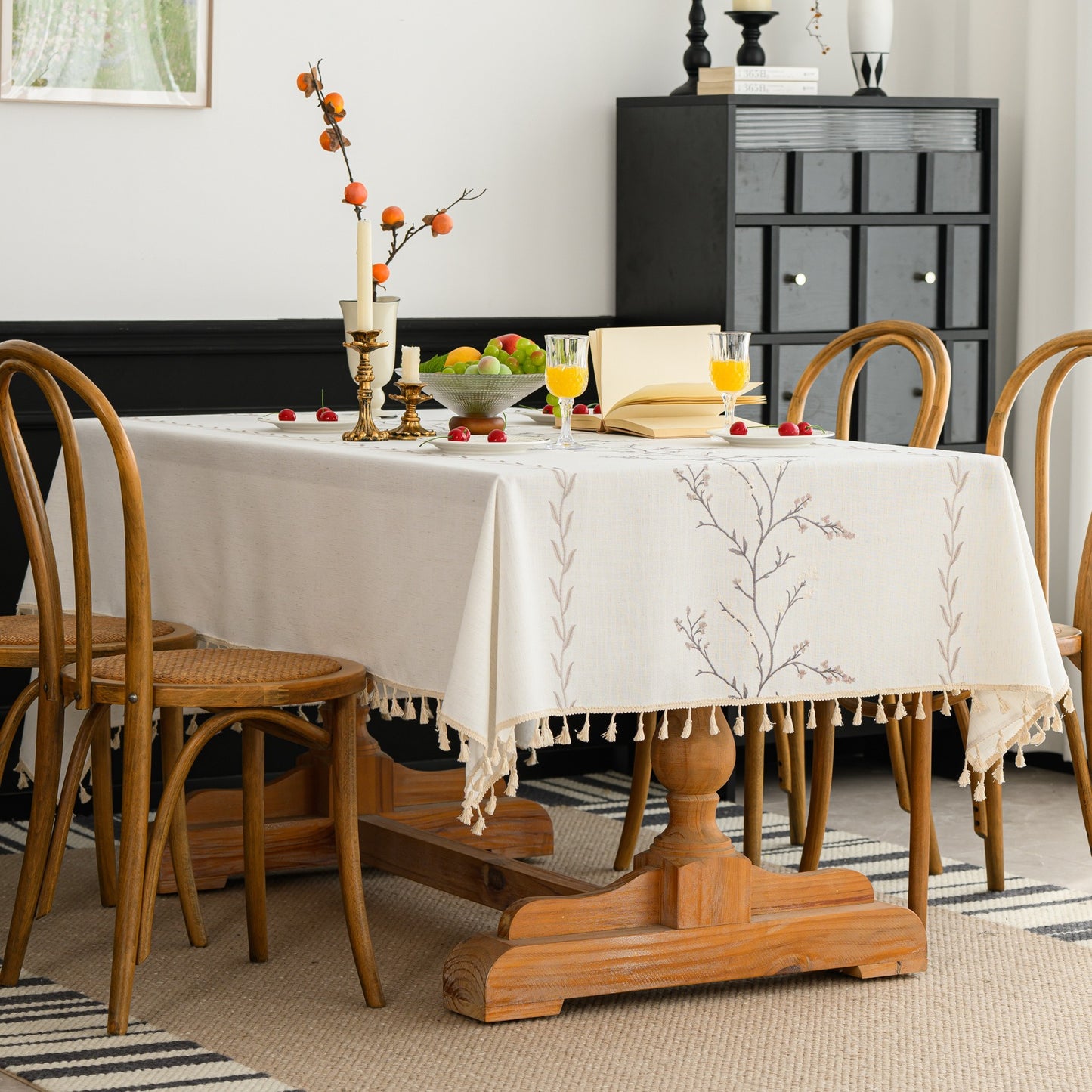 Cotton-Linen Embroidered Grey-beige Floral Tablecloth