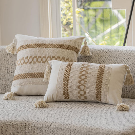 Bohemian neutral triple striped pillowcases with tassels