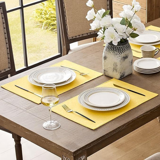 Polyester Burlap Waterproof Oil Resistant Wipeable Heat Resistant Placemats Set in Yellow