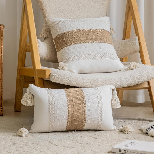 Bohemian neutral striped pillowcases with tassels