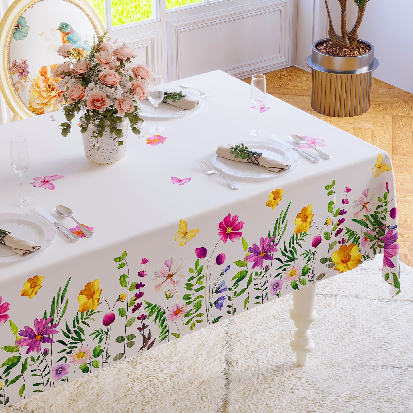 Polyester Waterproof And Stain Resistant Floral Tablecloth in Flower B