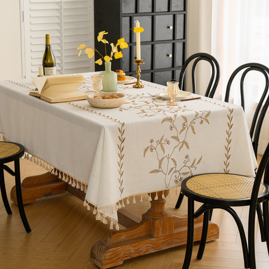 Polyester Embroidered Coffee-coloured Fan-shaped Leaf and Floral Tablecloth