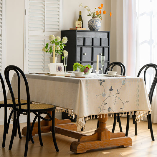 Polyester-Cotton Blend Embroidered Blue Branch Tablecloth