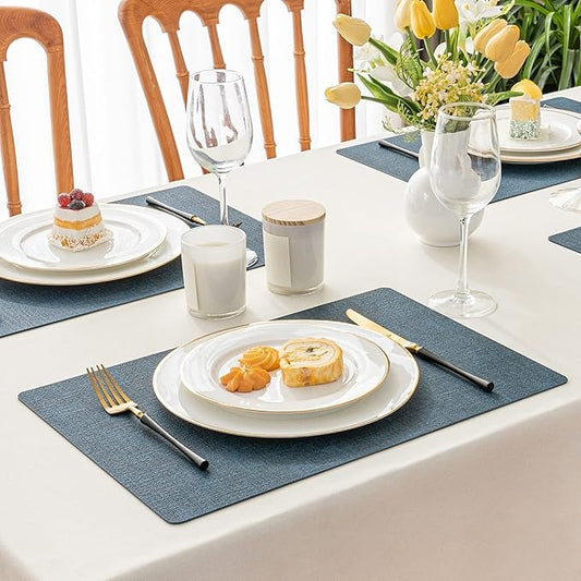 Polyurethane Linen-textured 100% Waterproof Oil-Proof Wipeable Heat Resistant Placemats Set in Navy Blue