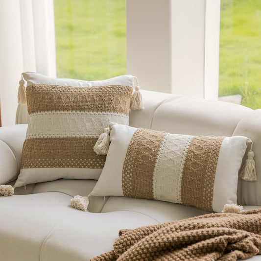 Bohemian neutral double striped pillowcases with tassels