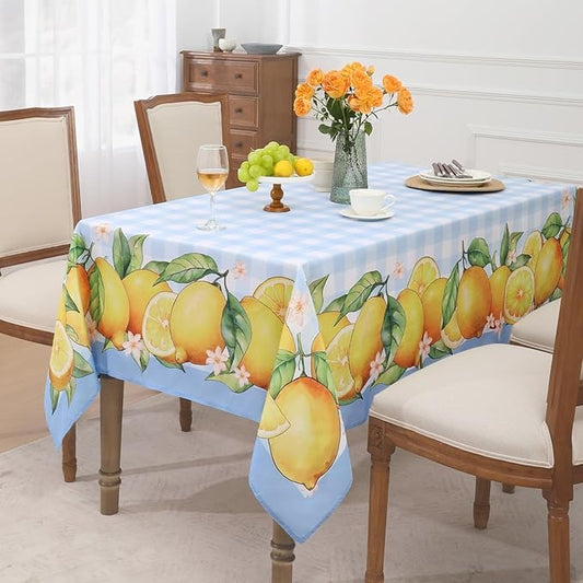 Polyester Lemon-patterned Tablecloth (with Blue background and White checks)
