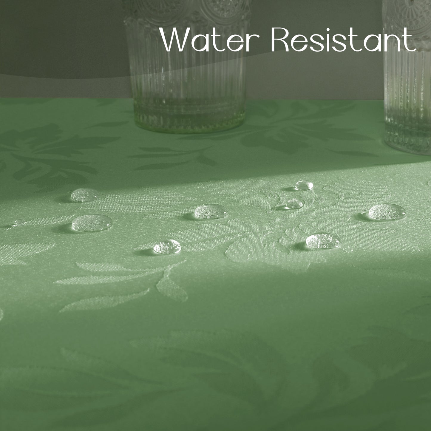 Polyester Jacquard Waterproof Damask Floral Pattern Tablecloth in SageGreen