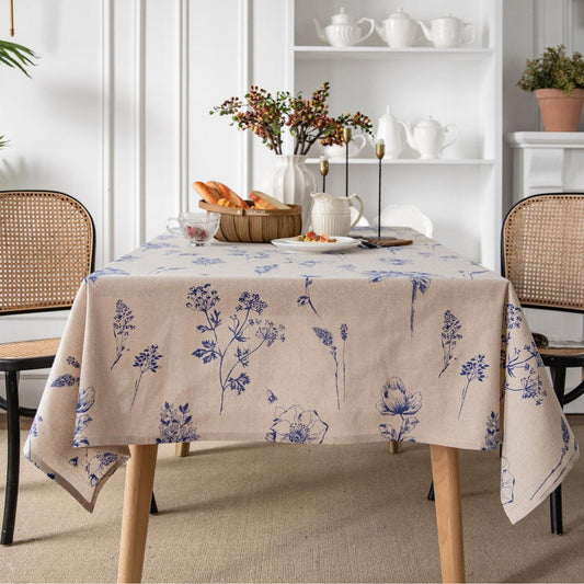 Cotton and linen blue rose sketch print tablecloth