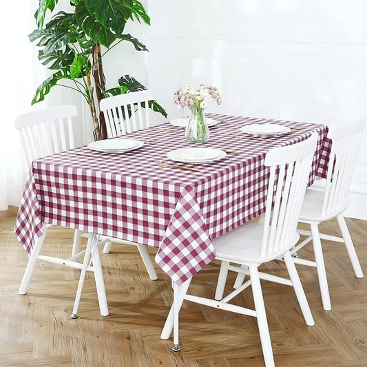 PVC Waterproof and Oil Resistant Plaid Tablecloth in Burgundy and White