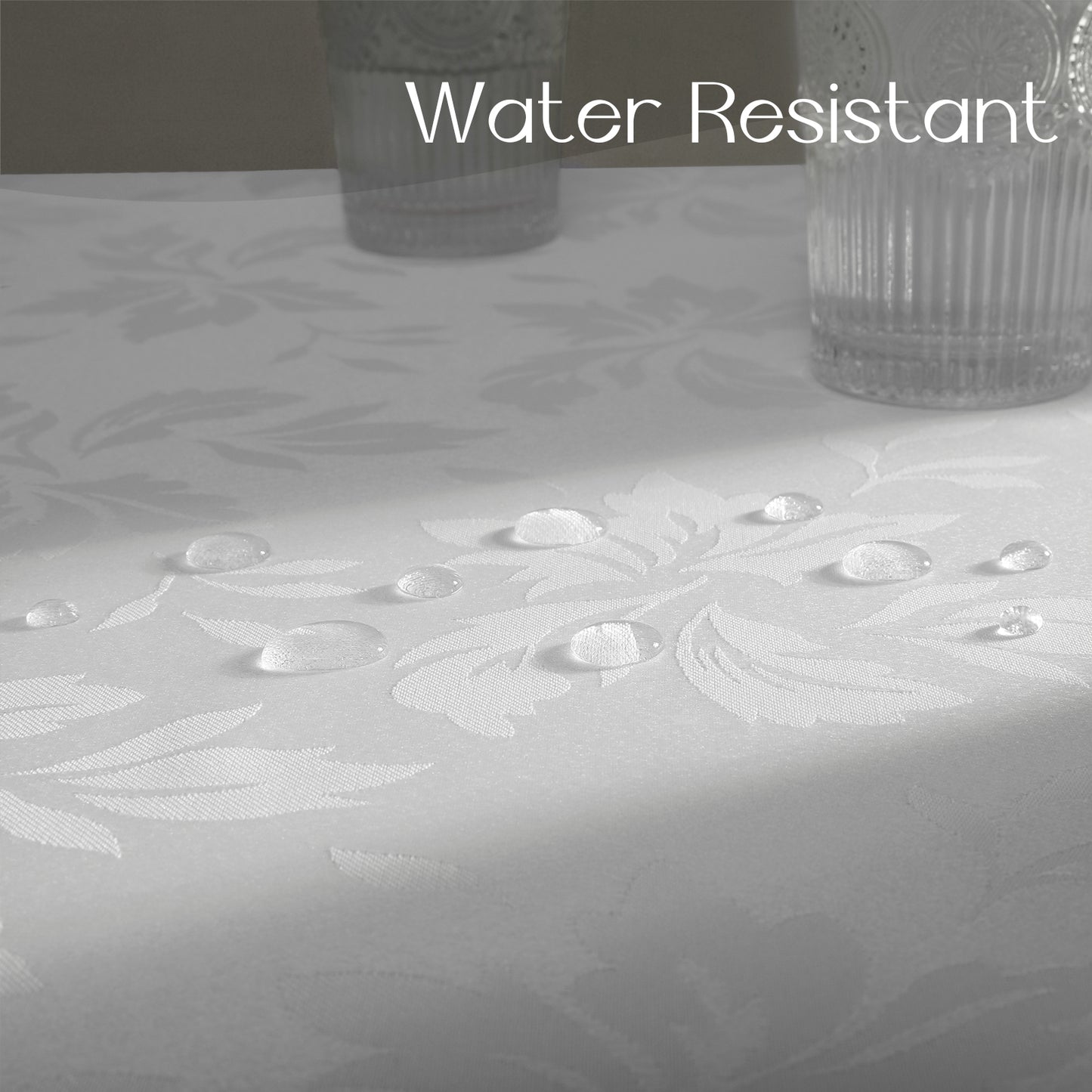 Polyester Jacquard Waterproof Damask Floral Pattern Tablecloth in White