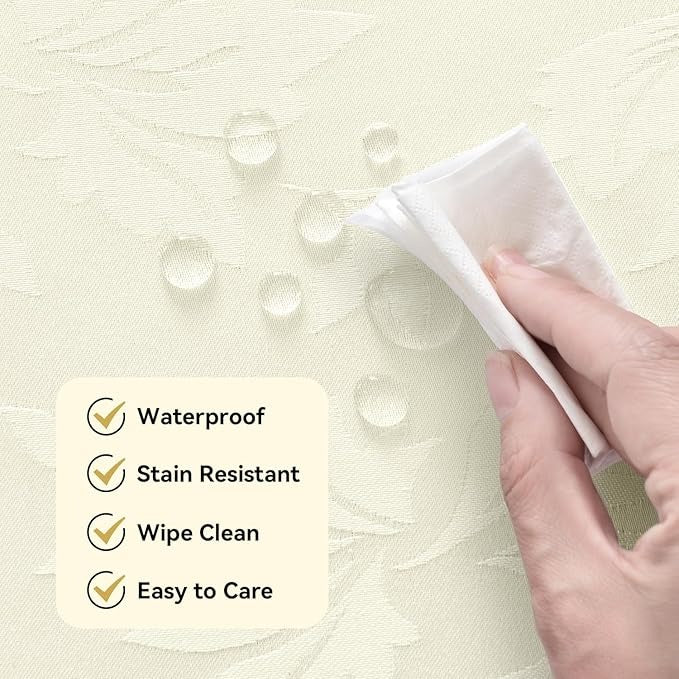 Polyester Jacquard Waterproof Damask Floral Pattern Tablecloth in Ivory