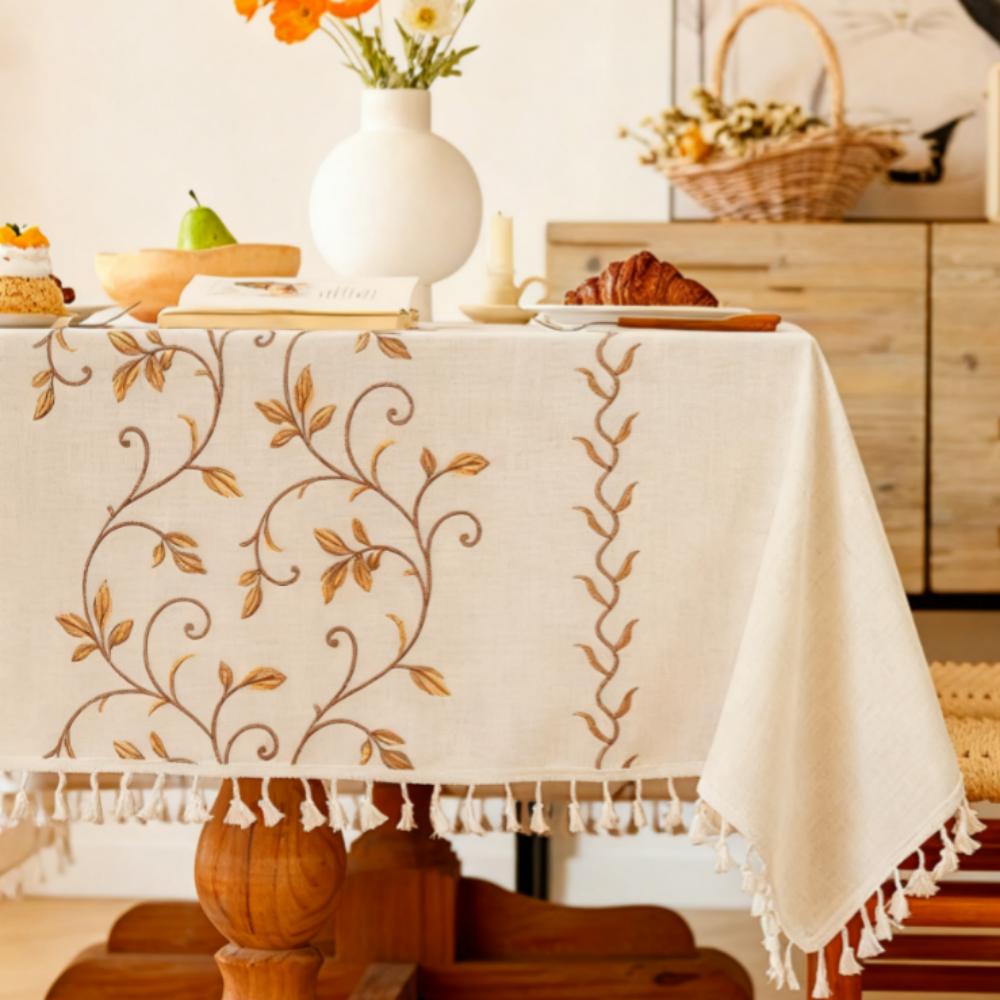 Polyester-Cotton Blend Embroidered Yellow Mimosa Tablecloth