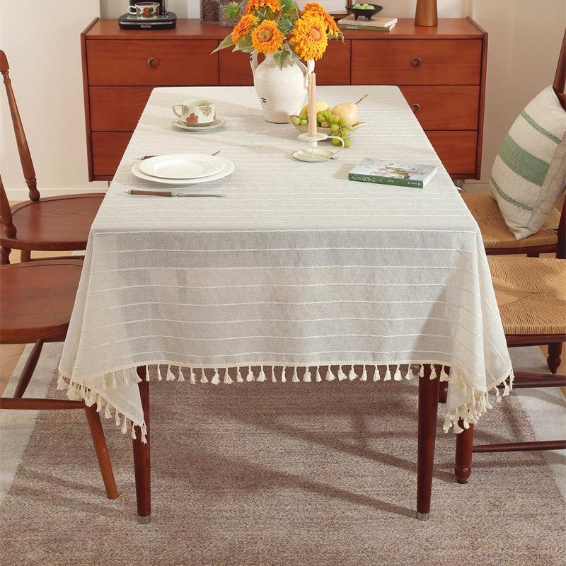 Polyester linen blend horizontal stripe tassel tablecloth