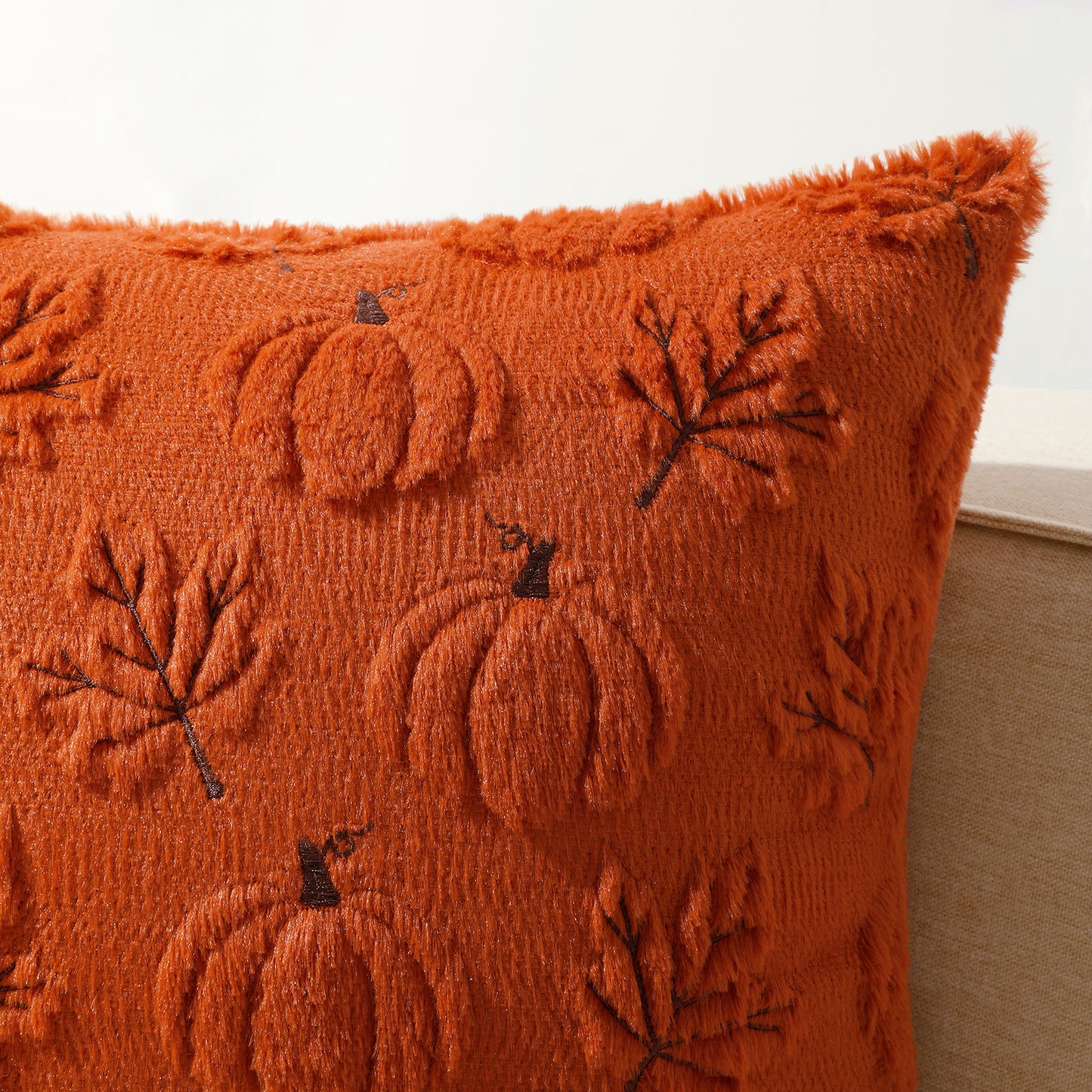 Thanksgiving Fall Harvest Pumpkin and Maple Leaf 3D Embroidery Pillowcases Cover in Rust