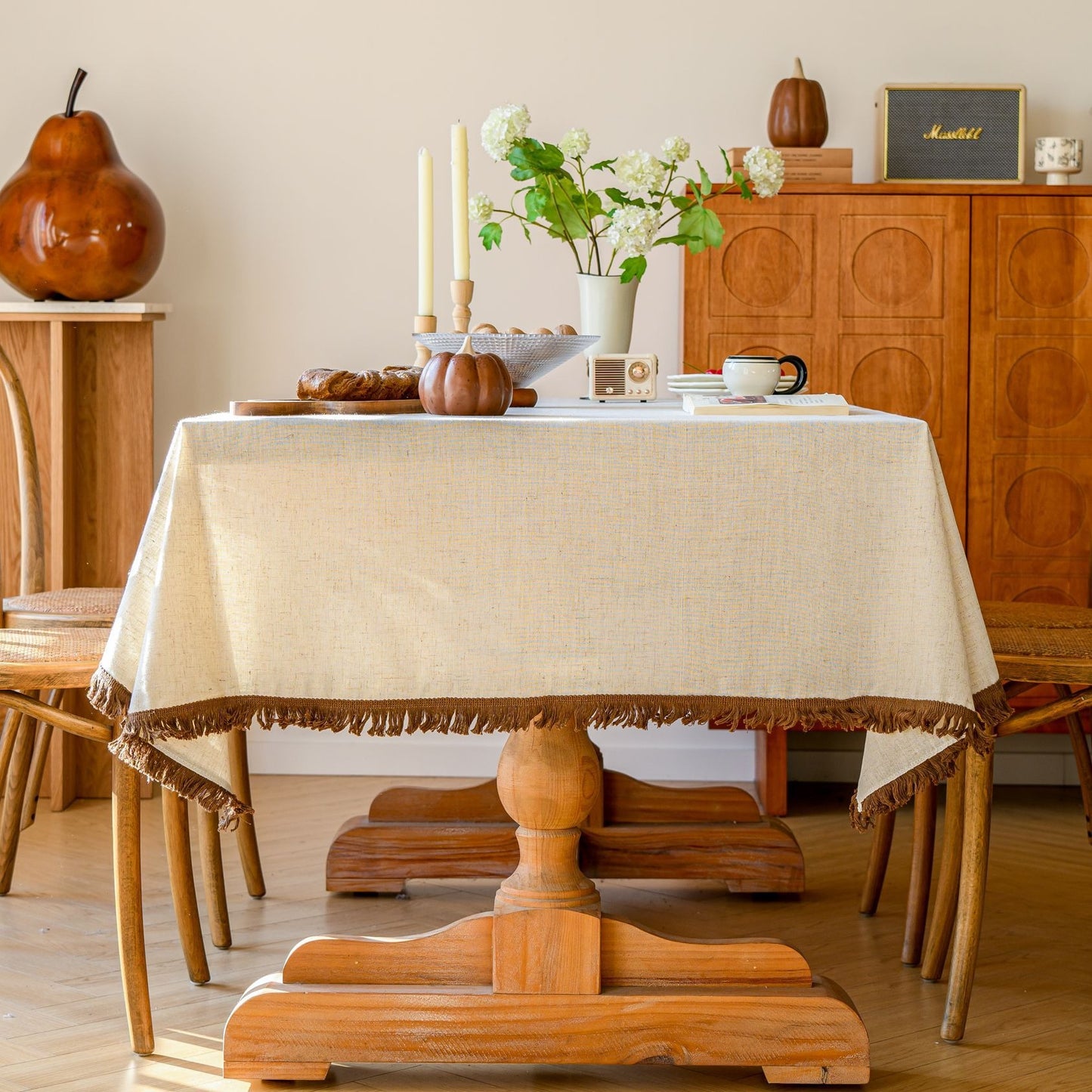 White Polyester Linen Tablecloth with Brown Fringe