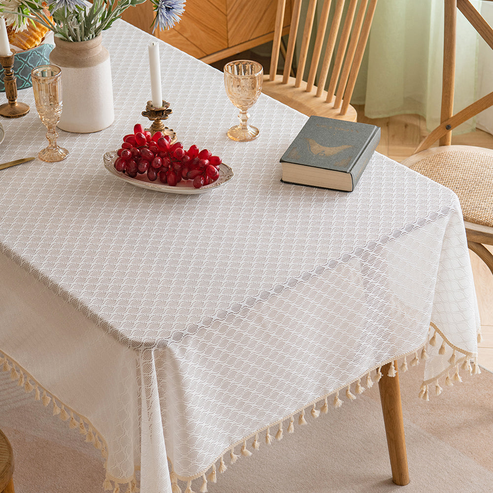 Polyester French-Elegance Lattice Tablecloth with Wheat Tassels in White