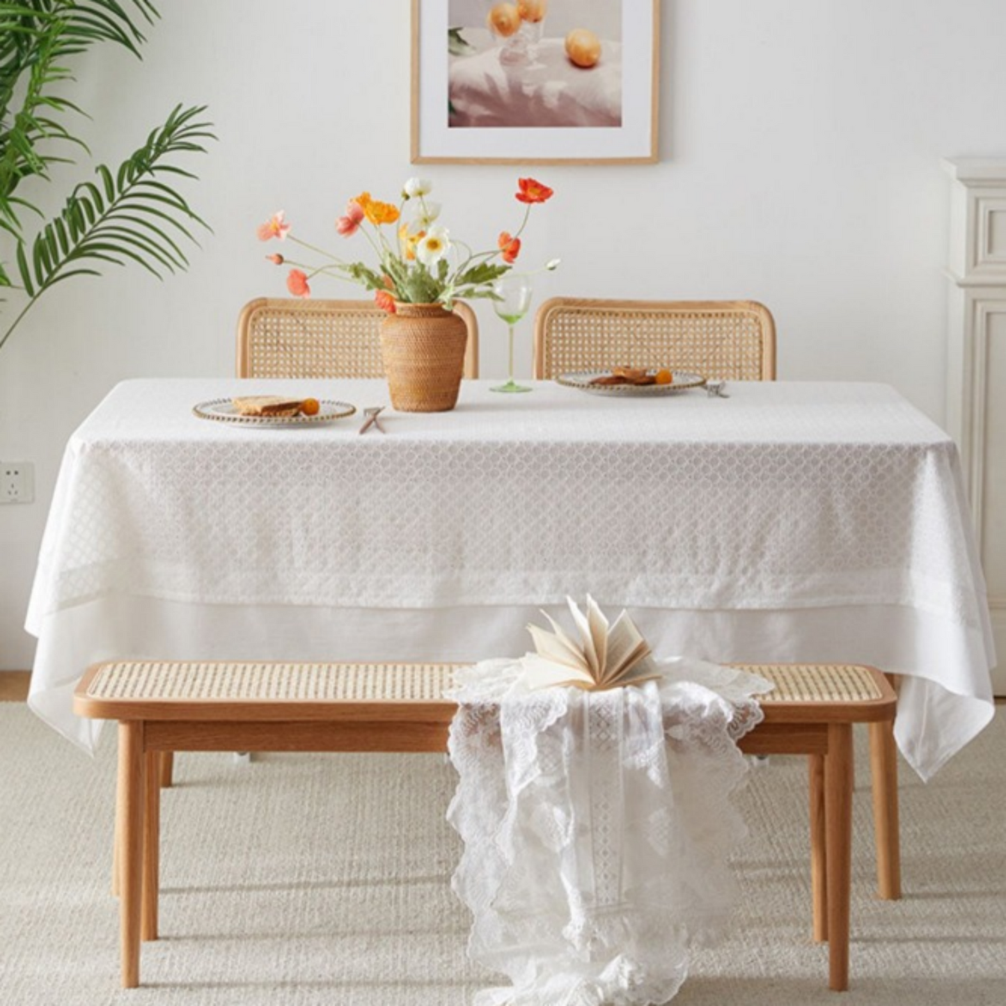 French-style cotton-linen double-layer lace tablecloth in White