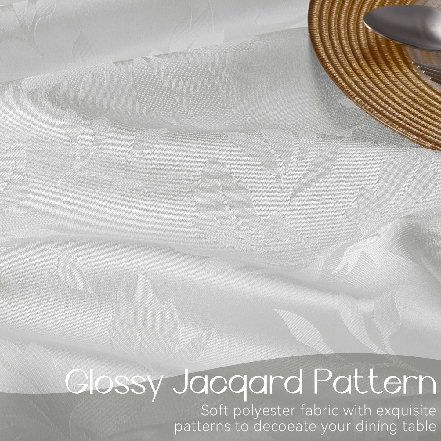 Polyester Jacquard Waterproof Damask Floral Pattern Tablecloth in White