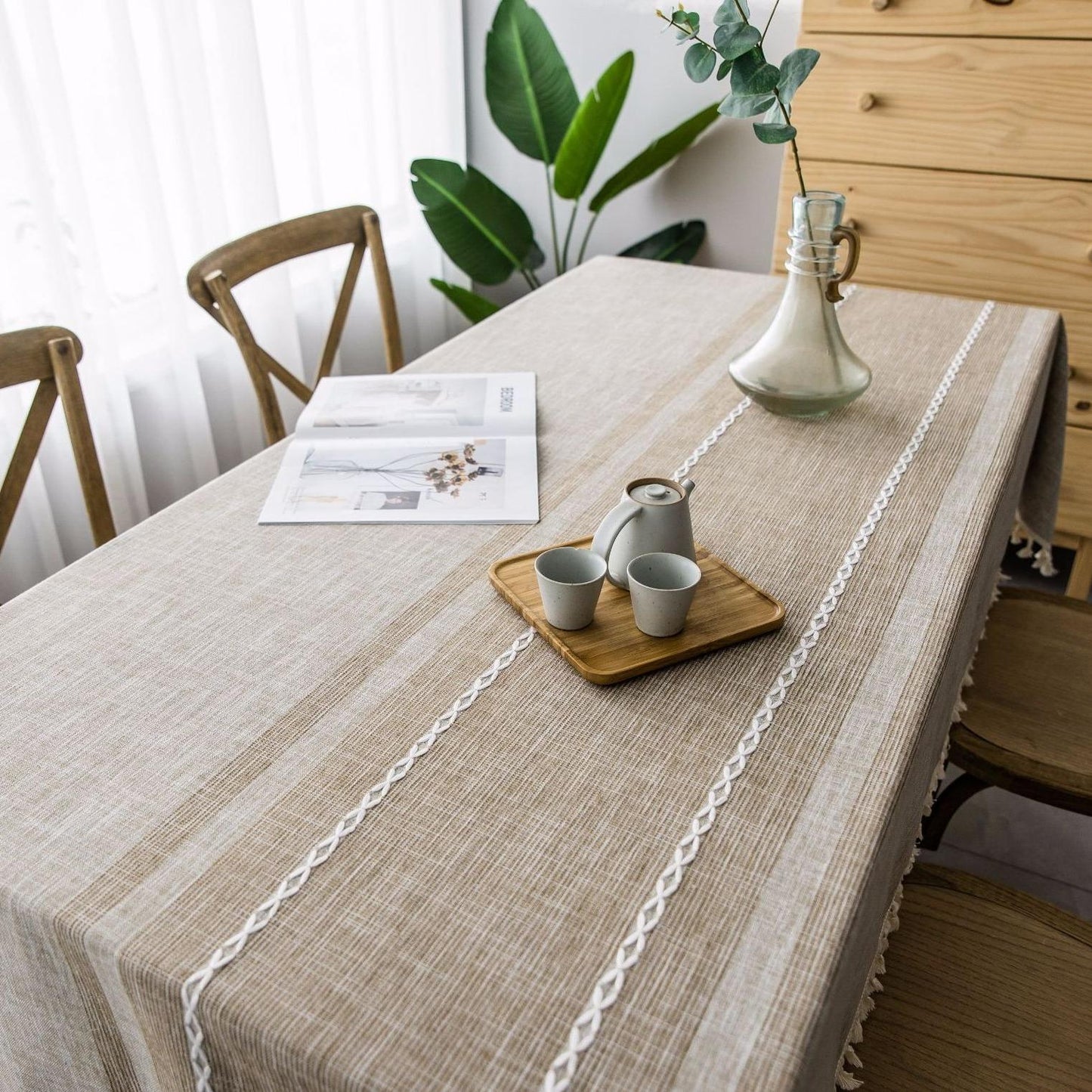 Cotton-Linen Blend Asymmetric Double Embroidery Striped Tablecloth in Coffee Brown