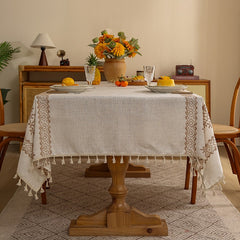 Polyester linen geometric side embroidered tablecloth