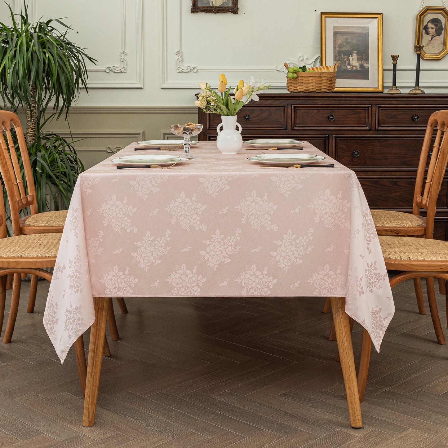 Polyester Jacquard Waterproof Elegant Damask Rose Floral Pattern Tablecloth in Light Pink